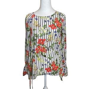Rose + Olive Top White Stripe Floral Blouse Tie Bell Sleeve Small Cottage Core